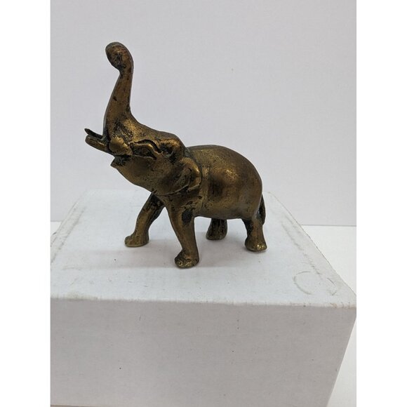 Brass Elephant Trunk Up with Tusks 3 Inch Tall 3 Inch Long Made in India - Picture 7 of 7